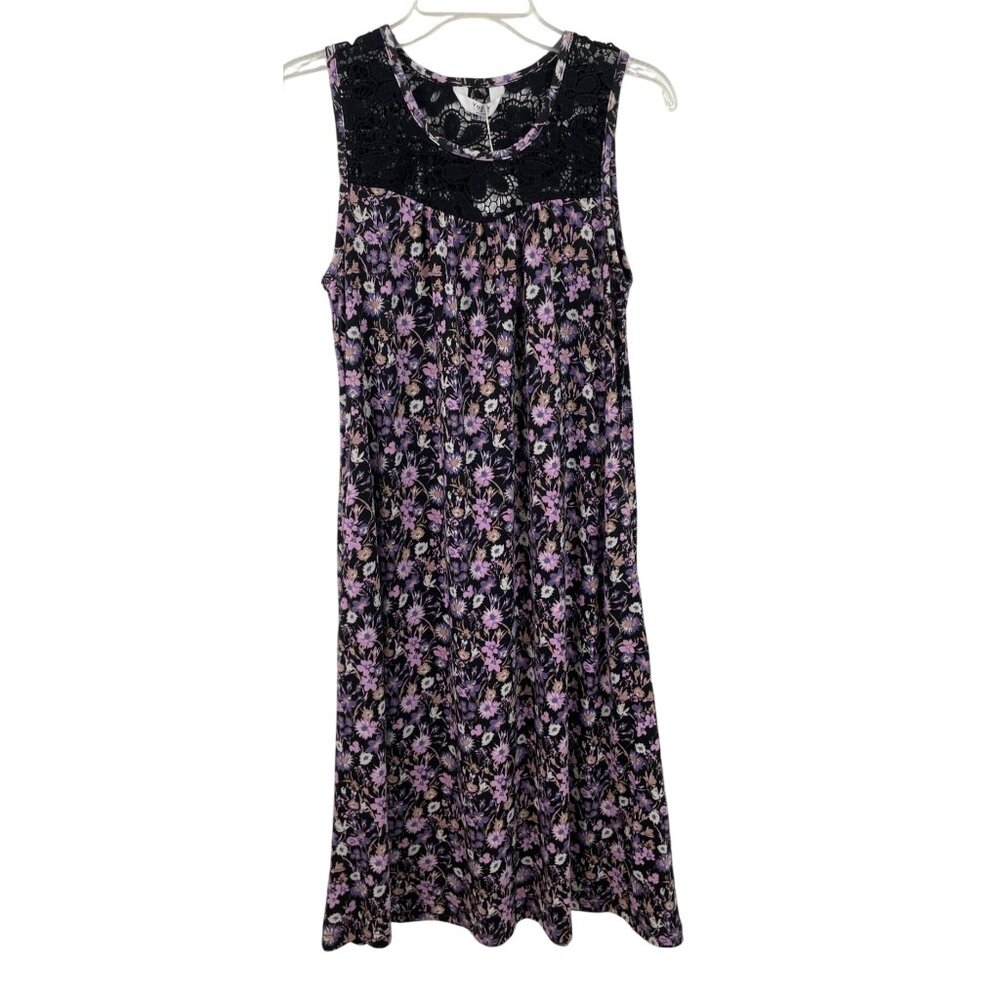 Yozly Womens Size Medium Black Purple Floral Tank Dress Pockets
